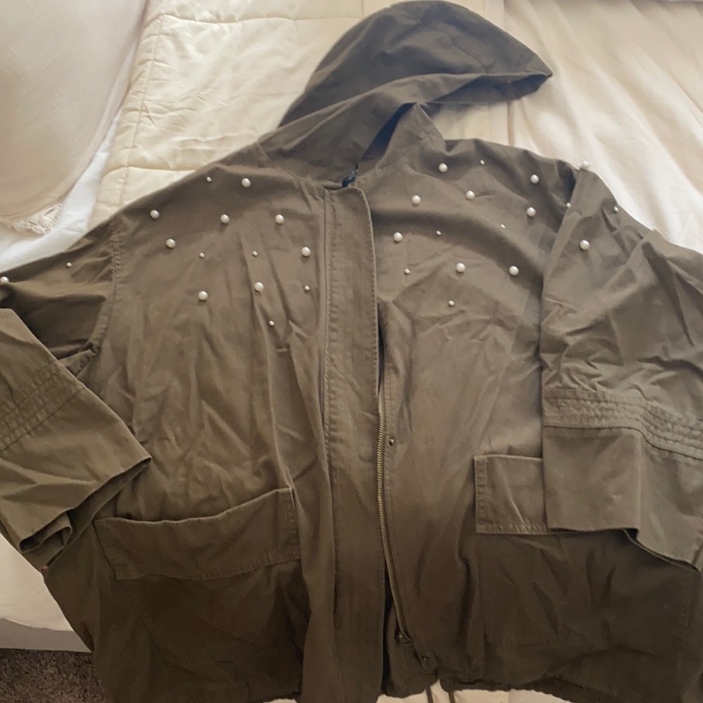 ZARA OLIVE GREEN JACKET DETAILED WITH PEARLS